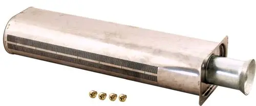 Edelstahl-Brünerlanze von Wolf mit vier Schrauben im Vordergrund, geeignet für Heizungsanwendungen. Das Produkt ist länglich mit einer metallischen Oberfläche.